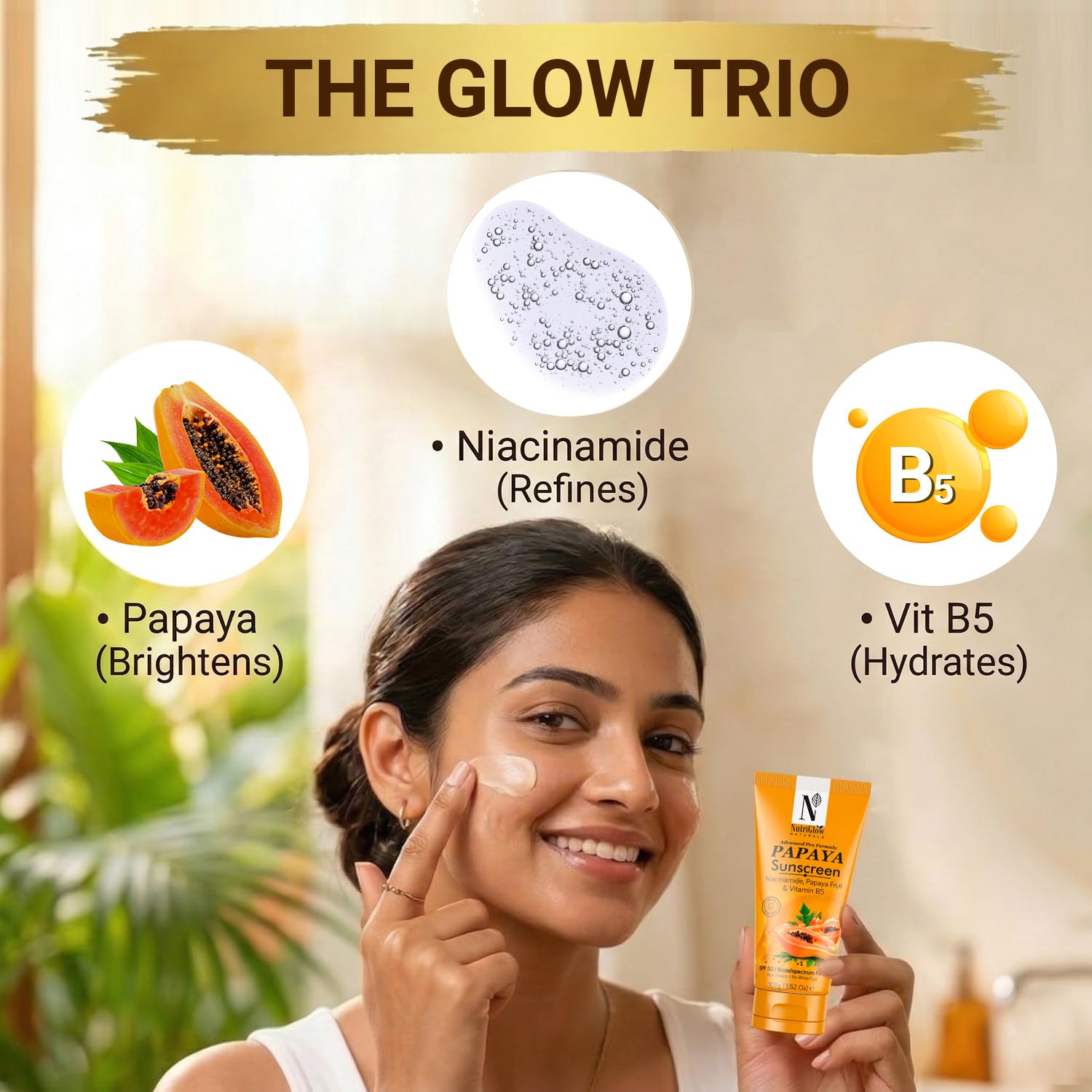 NutriGlow Naturals Papaya Sunscreen SPF 50 PA+++ | No White Cast, Non-Greasy | Broad Spectrum UVA/UVB & Blue Light Protection | With Niacinamide & Vitamin B5 | For Men & Women | All Skin Types | 100g - View 6 of 6