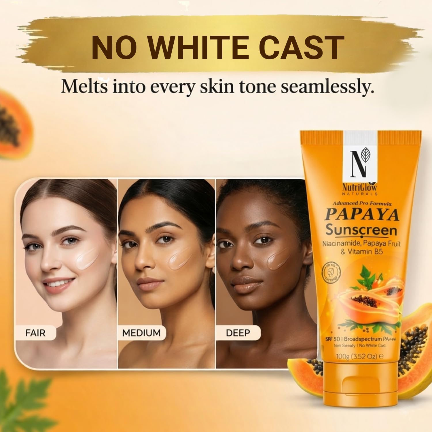 NutriGlow Naturals Papaya Sunscreen SPF 50 PA+++ | No White Cast, Non-Greasy | Broad Spectrum UVA/UVB & Blue Light Protection | With Niacinamide & Vitamin B5 | For Men & Women | All Skin Types | 100g - View 2 of 6