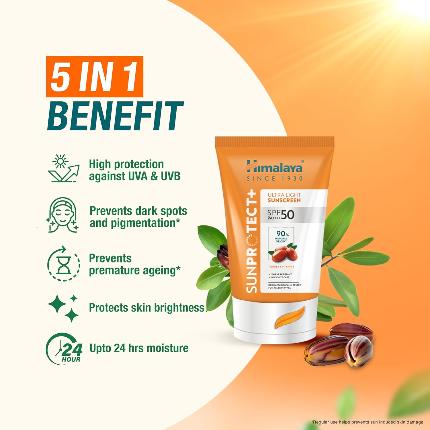 Himalaya Sun Protect+ Ultra Light Sunscreen | 90% Natural Origin Ingredients | In vivo tested SPF 50 PA++++ | Dermatologically tested for all skin types | No white cast | Sweat Resistant | 30g - View 3 of 6