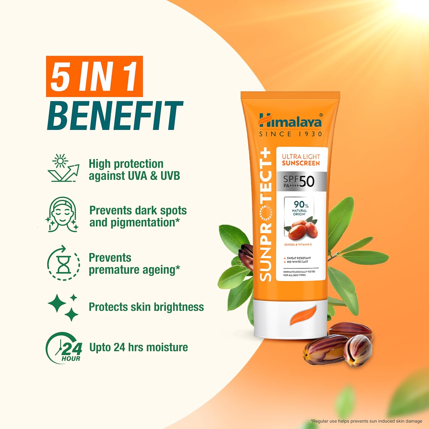 Himalaya Sun Protect+ Ultra Light Sunscreen | 90% Natural Origin Ingredients | In vivo tested SPF 50 PA++++ | Dermatologically tested for all skin types | No white cast | Sweat Resistant | 50g - View 2 of 5