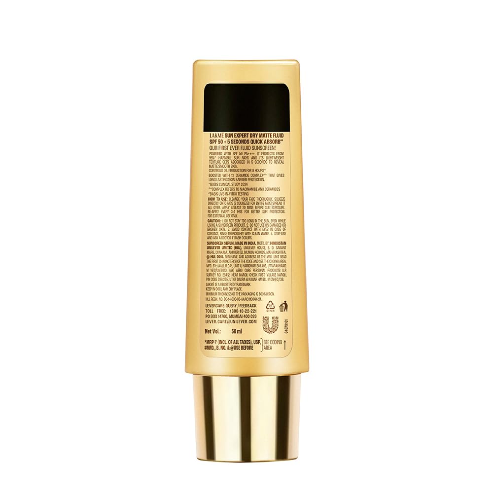 LAKMÉ Sun Expert, Dry Matte Fluid Sunscreen, 50ml, for Oily and Combination Skin, with 1% Niacinamide & Ceramide, SPF 50 PA++++, Quick Absorbing, no White Cast - View 6 of 6