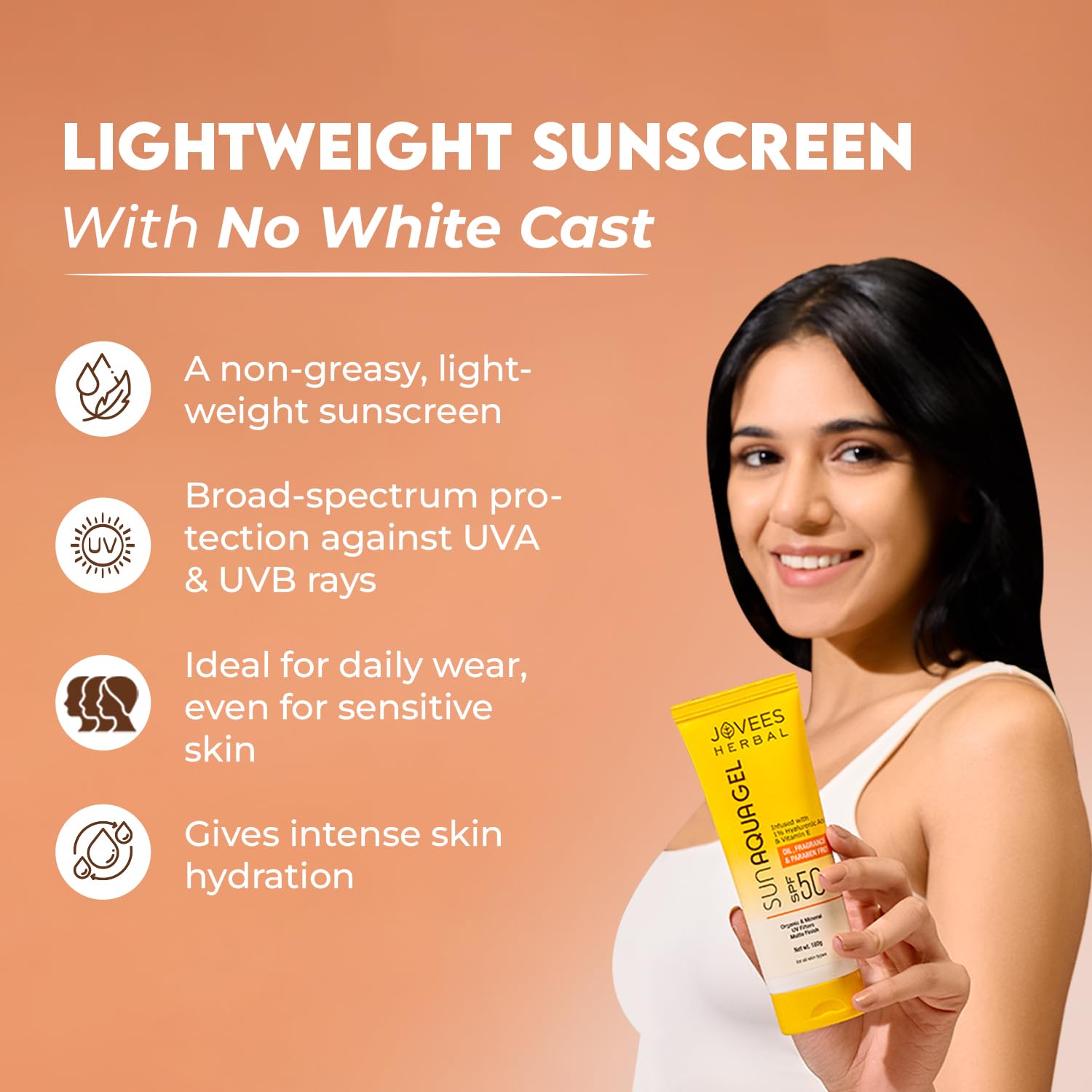 Jovees Herbal Sun Aqua Gel Sunscreen SPF 50 PA+++ | Lightweight| 1% Hyaluronic Acid | Non-Greasy, No White Cast | Perfect for Oily & Combination Skin | Sunscreen For Men/Women 100g - View 4 of 6