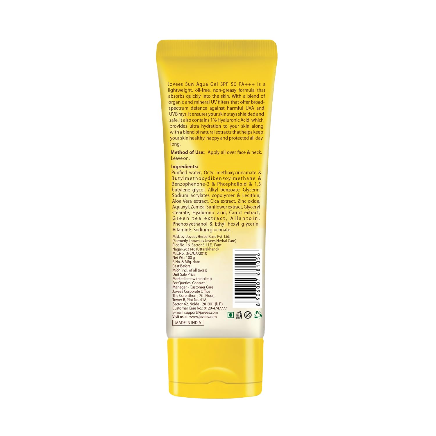 Jovees Herbal Sun Aqua Gel Sunscreen SPF 50 PA+++ | Lightweight| 1% Hyaluronic Acid | Non-Greasy, No White Cast | Perfect for Oily & Combination Skin | Sunscreen For Men/Women 100g - View 6 of 6