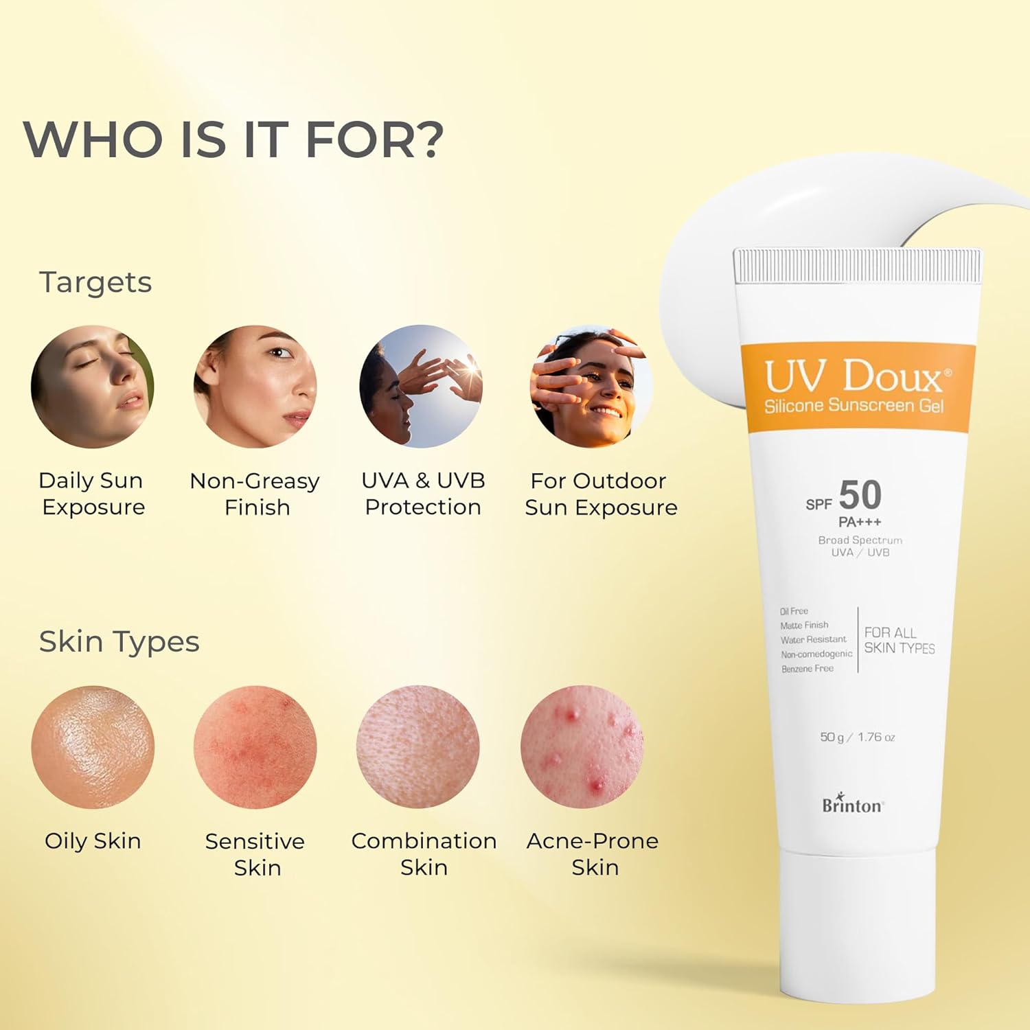 UV Doux Silicone Sunscreen Gel SPF 50 PA+++|India’s No.1 Dermatologist Recommended Brand|Invitro,In-Vivo Tested|UVA/UVB Protection, Benzene Free|No White Cast |Oily & Acne-Prone Skin |50 g - View 3 of 6