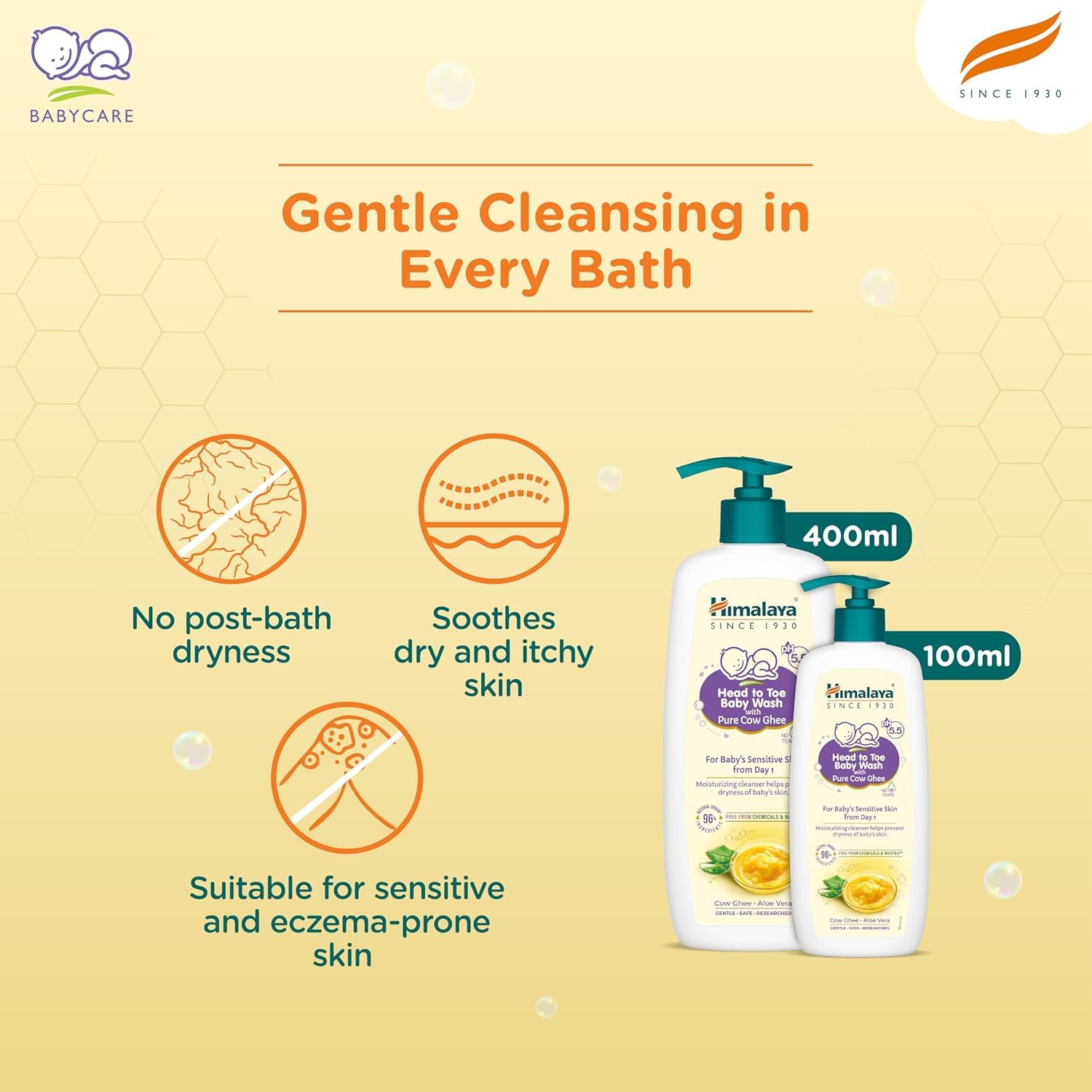 Himalaya Head to Toe Baby Wash with Pure Cow Ghee 400ml | ph 5.5 | Aloe vera | Soap free | Safe for newborns | For baby's sensitive skin from day 1 | No Parabens | No Phthalates | No Sulphates | Pediatrician evaluated - View 4 of 7