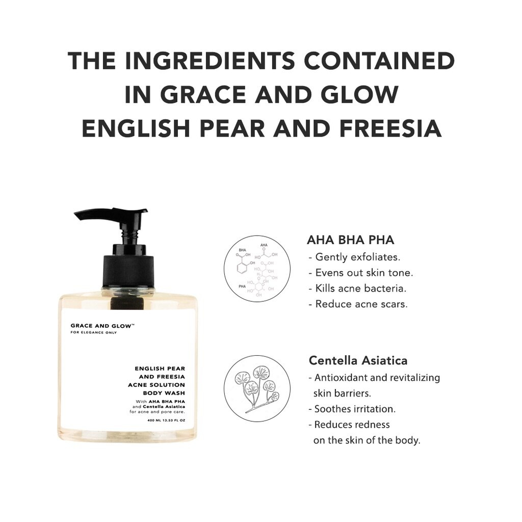 Grace and Glow English Pear & Freesia Body Wash Scented Shower Gel with AHA BHA PHA, Exfoliating Body Cleanser for Back Acne Care, Gentle Brightening and Moisturizing Daily Shower Gel - View 3 of 3
