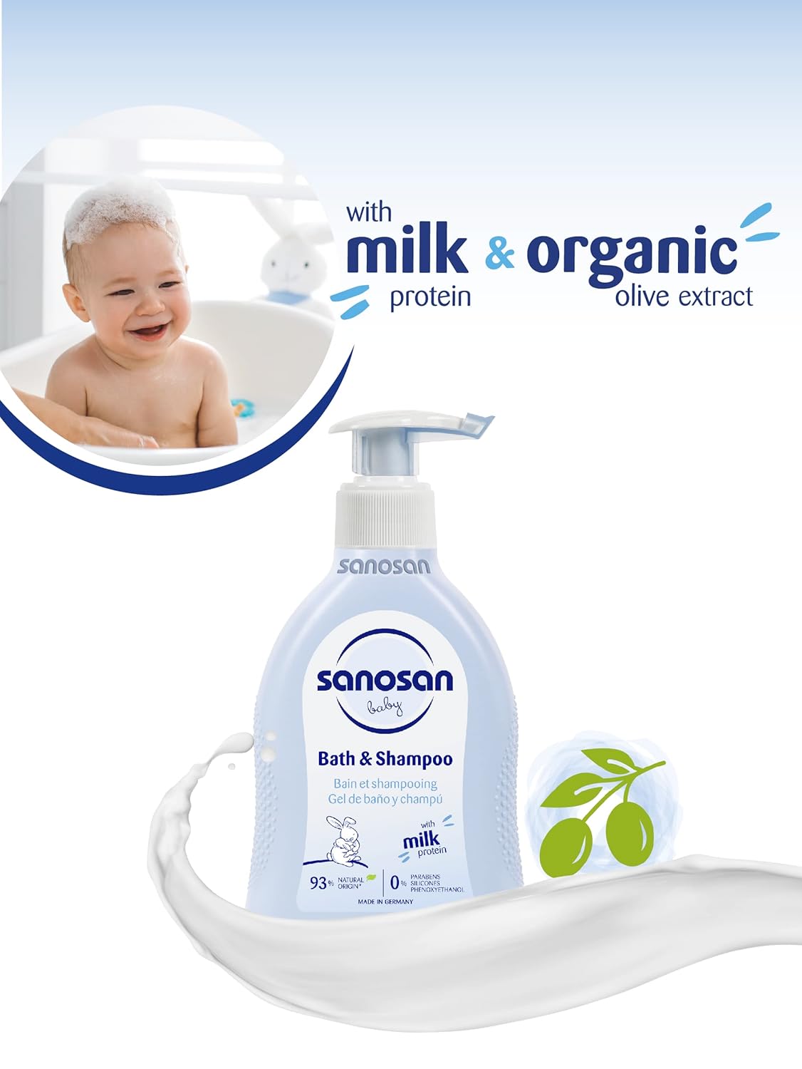 Sanosan bath & shampoo Hydrolysed Milk Protein Formula Daily Head To Toe Milky Wash No Tear Formula For Newborn Baby 2 In 1 Shampoo & Body Wash- 200 ml - View 2 of 3