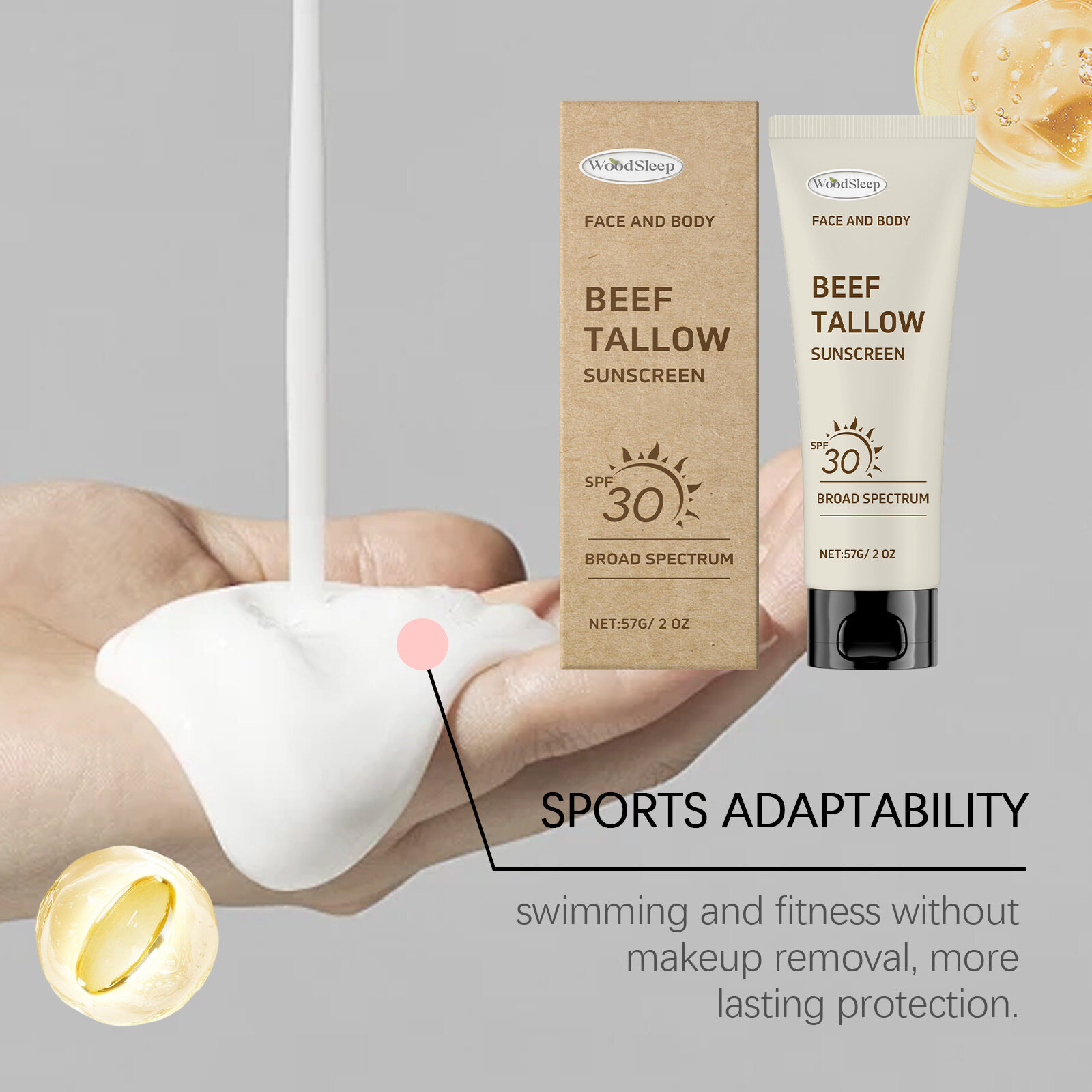 WoodSleep Beef Tallow Moisturizing Sunscreen Lotion SPF30 Face and Body Sun Cream Non Sticky High UV Protection Hydrating Skin Care Lightweight Daily Use Sunblock - View 3 of 3