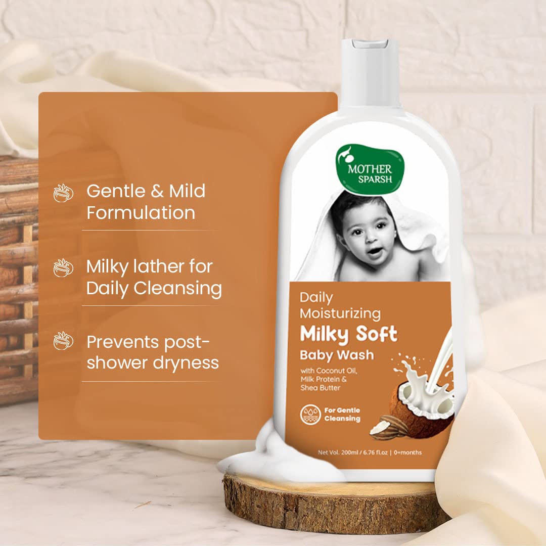 Mother Sparsh Milky Baby Wash & Milky Baby Shampoo | Tear Free Formula With Milk Protein & Coconut | 200ml Each - View 6 of 6