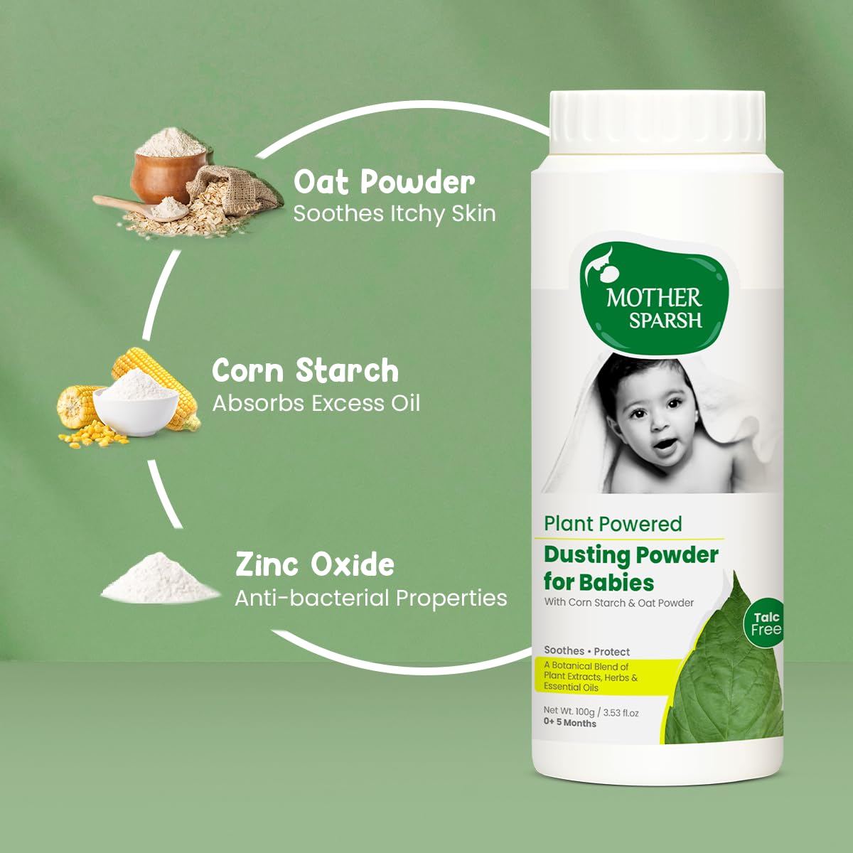 Mother Sparsh Plant Powered Talc Free Dusting Powder For Babies - 100g X 2 | With Corn Starch & Oat Powder - View 3 of 6