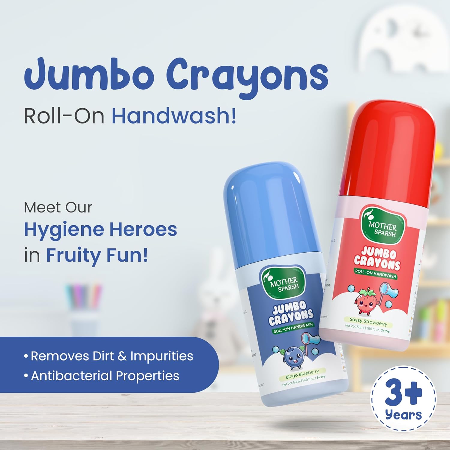 Mother Sparsh Jumbo Crayon Roll-On Kids Handwash (Pack of 2) | Strawberry & Blueberry Scented | Non-Toxic Hand Wash for Kids, Paraben Free, SLS Free, Alcohol Free | Colourful Soap Pen - View 6 of 6