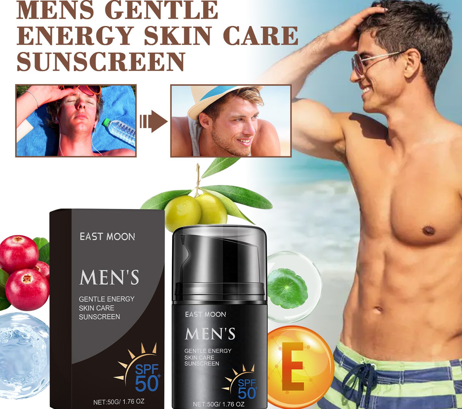 East Moon Men Sunscreen Cream Face and Body Skin Care SPF Moisturizing Brightening Refreshing Waterproof PA+++ Lightweight Sunblock 50g Daily UV Protection Outdoor Use - View 3 of 3
