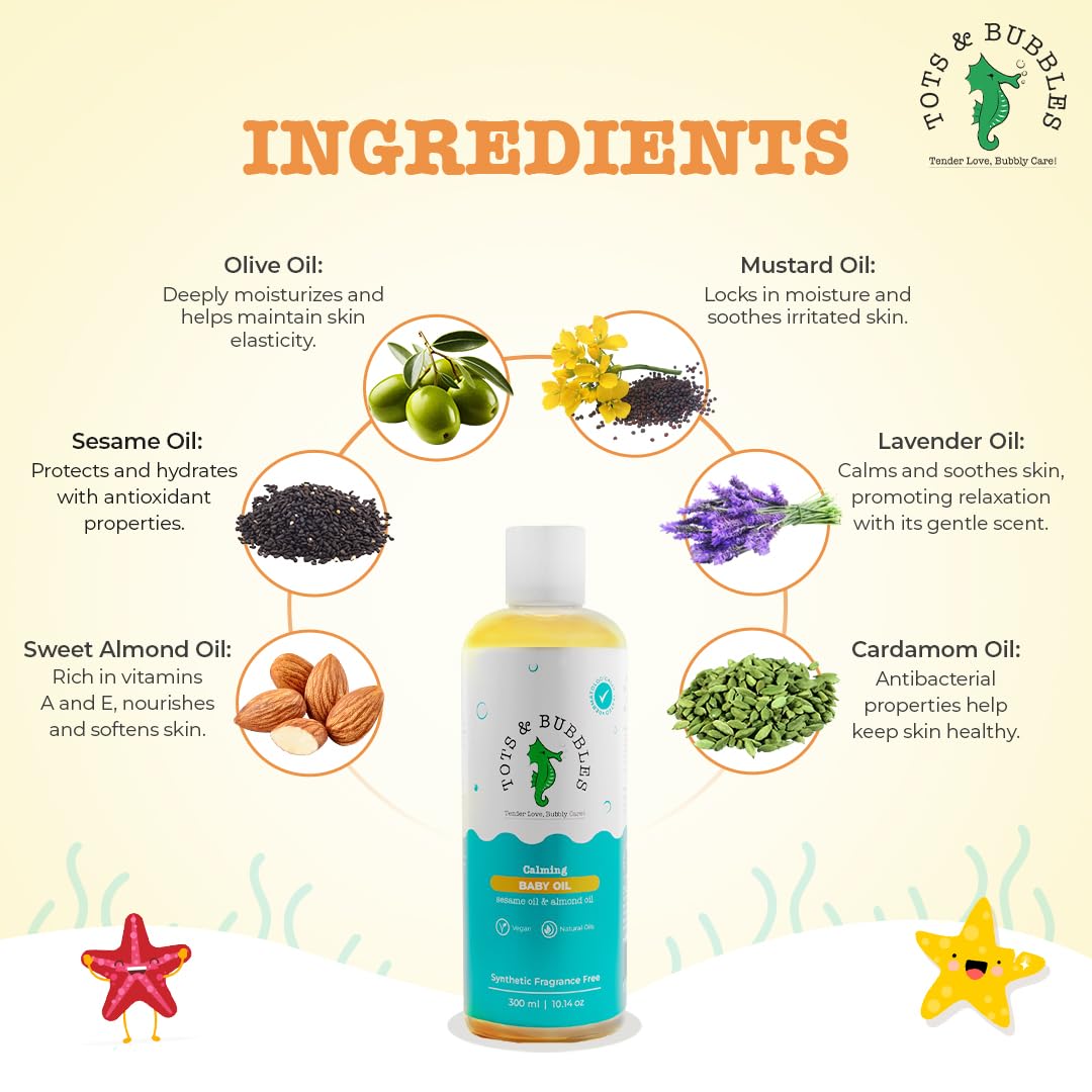 Tots & Bubbles 100% Natural Baby Massage Oil | Almond, Olive & Mustard Oil Blend for Skin & Hair | Lightweight, Non-Sticky & Gentle for Newborn – 300 ml - View 7 of 8
