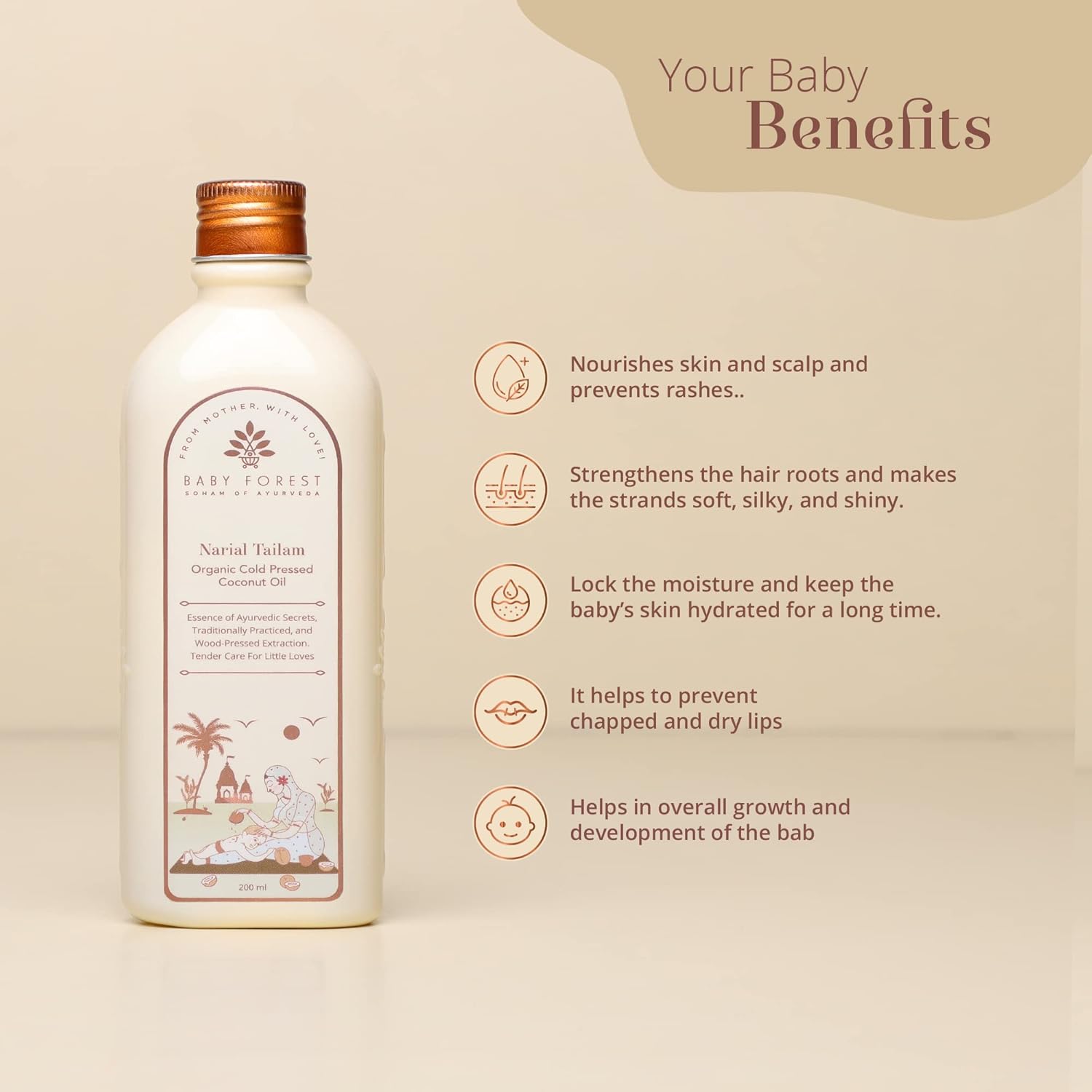 Baby Forest Narial Tailam Organic Cold Pressed Coconut Oil for Baby Skin & Hair Care | 100% Natural & Ayurvedic | Derma Safe & Cruelty-Free | Coconut Oil for Newborn Massage | 200ml Pack of 1 - View 6 of 8