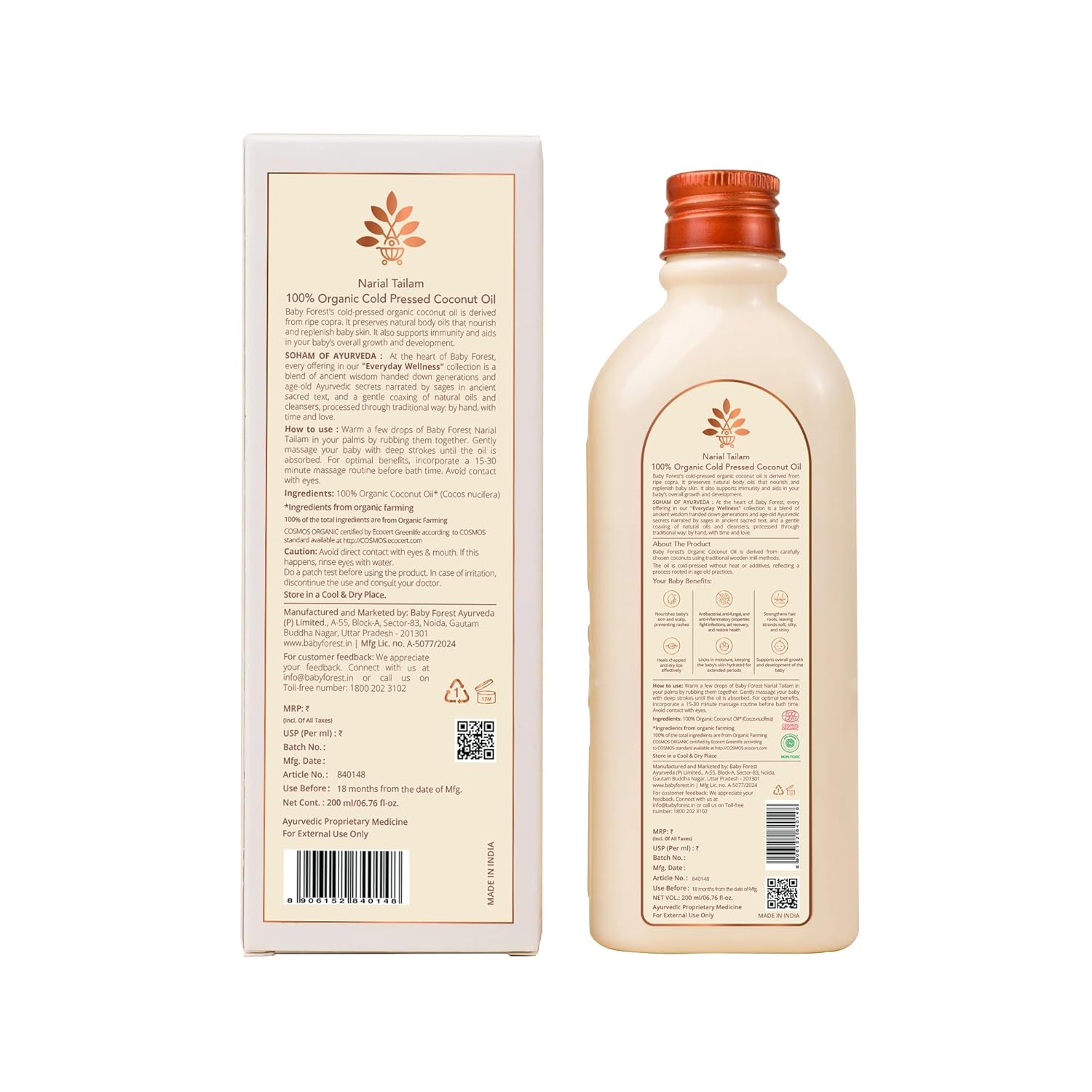 Baby Forest Narial Tailam Organic Cold Pressed Coconut Oil for Baby Skin & Hair Care | 100% Natural & Ayurvedic | Derma Safe & Cruelty-Free | Coconut Oil for Newborn Massage | 200ml Pack of 1 - View 8 of 8