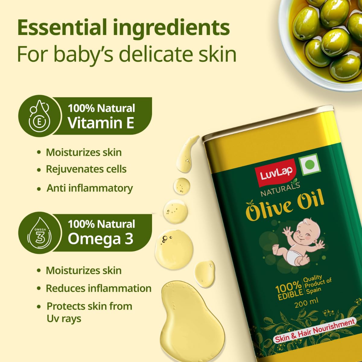 LuvLap Naturals Baby Body Massage Olive Oil, 100% Olive Oil for New Born, 200 ML, Spanish Premium, Enriched with Vitamin E, Enhances Bone & Muscle Strength - View 2 of 7