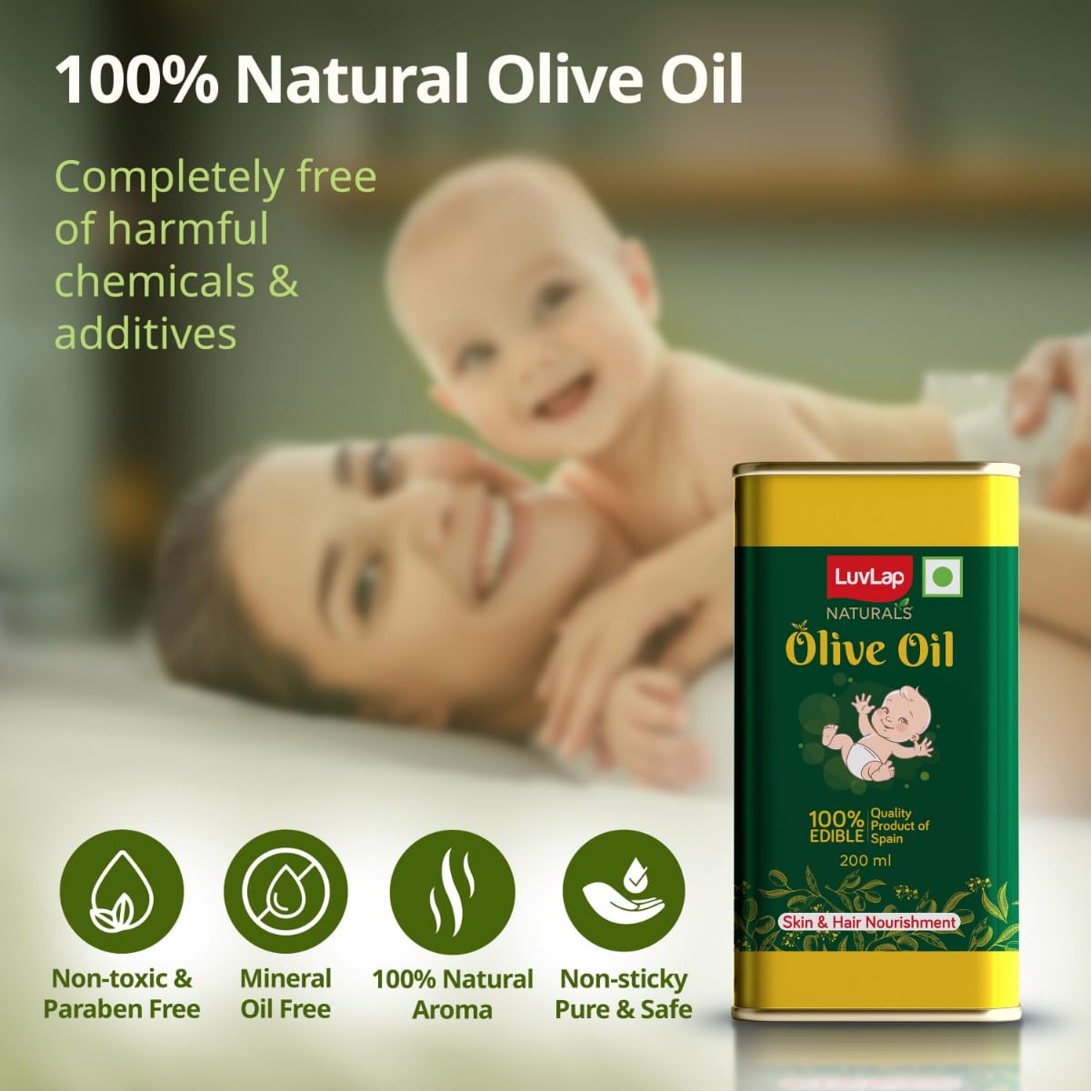 LuvLap Naturals Baby Body Massage Olive Oil, 100% Olive Oil for New Born, 200 ML, Spanish Premium, Enriched with Vitamin E, Enhances Bone & Muscle Strength - View 4 of 7