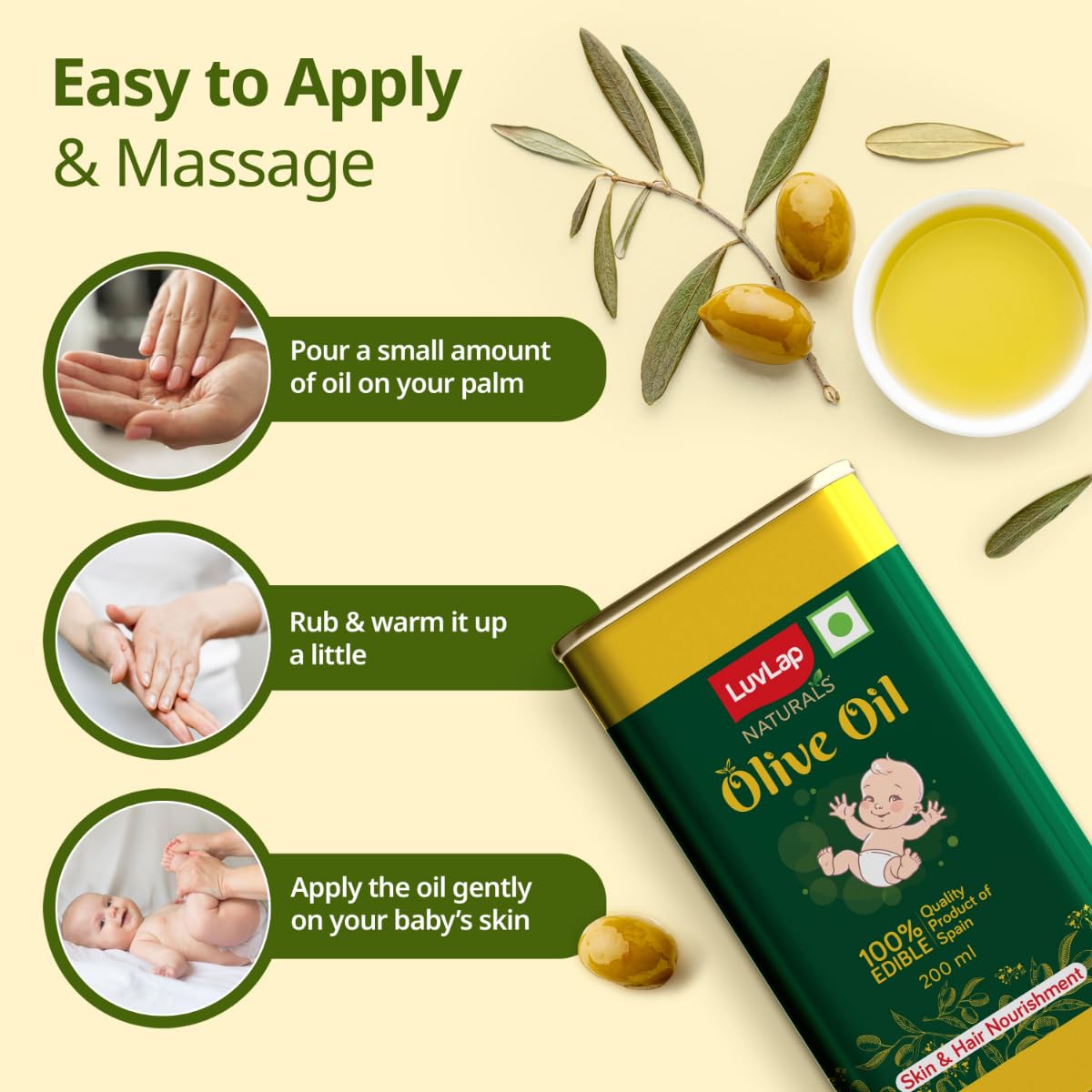 LuvLap Naturals Baby Body Massage Olive Oil, 100% Olive Oil for New Born, 200 ML, Spanish Premium, Enriched with Vitamin E, Enhances Bone & Muscle Strength - View 5 of 7