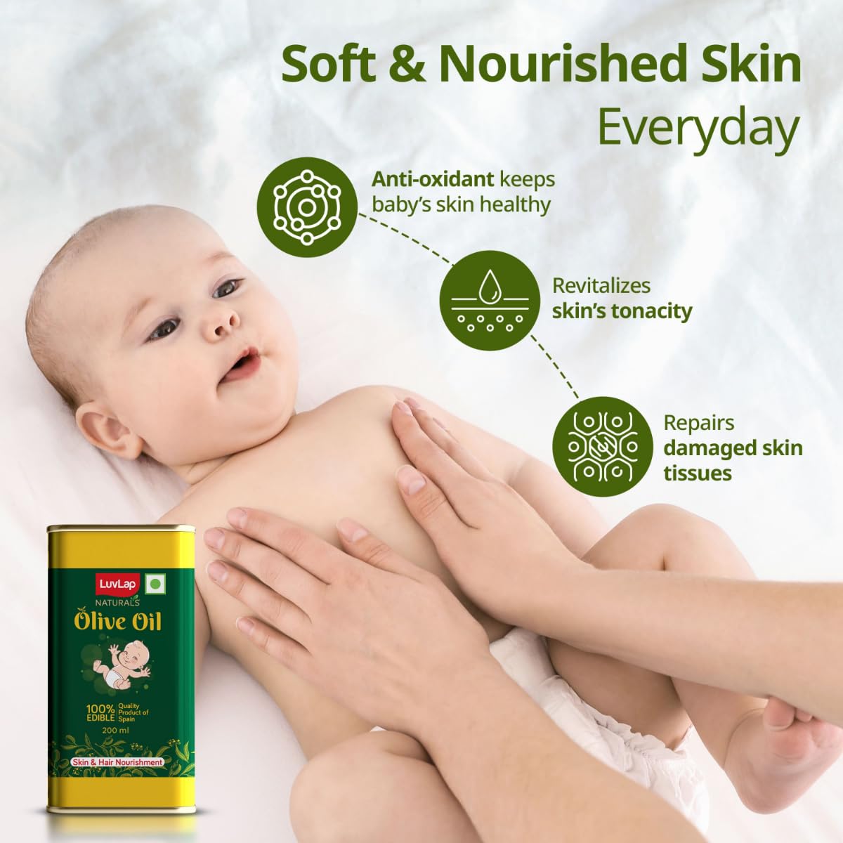 LuvLap Naturals Baby Body Massage Olive Oil, 100% Olive Oil for New Born, 200 ML, Spanish Premium, Enriched with Vitamin E, Enhances Bone & Muscle Strength - View 6 of 7