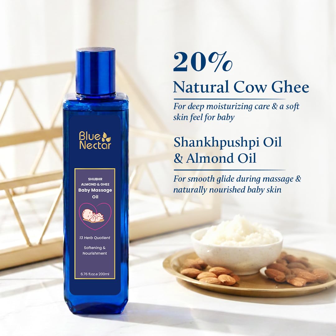 Blue Nectar Ayurvedic Baby Oil with Organic Ghee, 100% Natural Baby Massage Oil With Coconut Oil & Olive Oil | Dermatogically Tested (13 Herbs, 200ml) - View 7 of 8