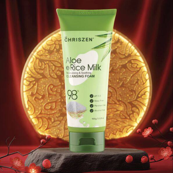 Chriszen 98% Aloe Vera & Rice Milk Cleansing Foam 100g Gentle Hydrating Facial Cleanser Deep Cleansing Foam Brightening Soothing Moisturizing Face Wash for Sensitive Skin Daily Skincare Promo Daily Use - View 2 of 3