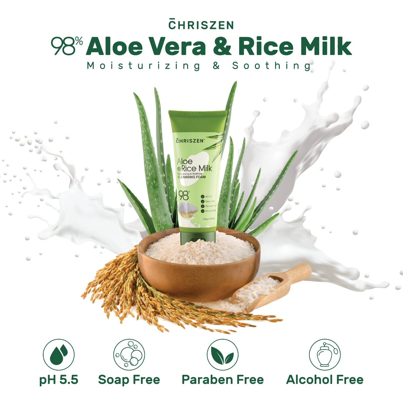 Chriszen 98% Aloe Vera & Rice Milk Cleansing Foam 100g Gentle Hydrating Facial Cleanser Deep Cleansing Foam Brightening Soothing Moisturizing Face Wash for Sensitive Skin Daily Skincare Promo Daily Use - View 3 of 3