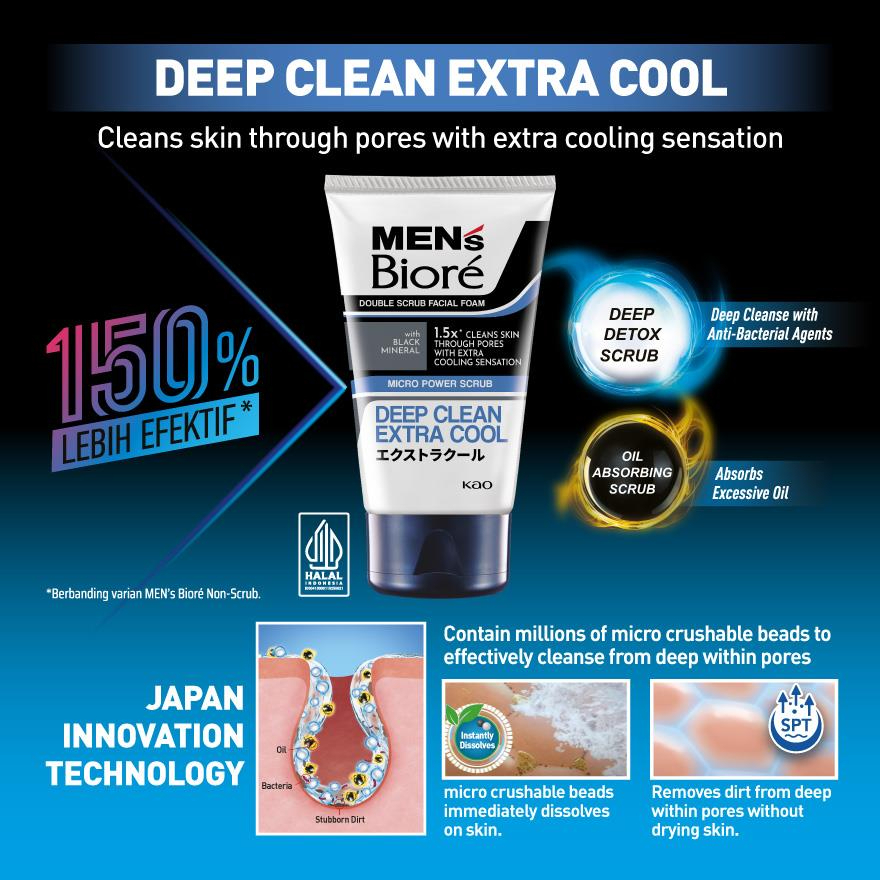 Men’s Biore Double Scrub Extra Cool Facial Foam 100g Deep Cleansing Exfoliating Face Wash Cooling Sensation Oil Control Pore Purifying Brightening Scrub Cleanser for Men Daily Skincare - View 3 of 3