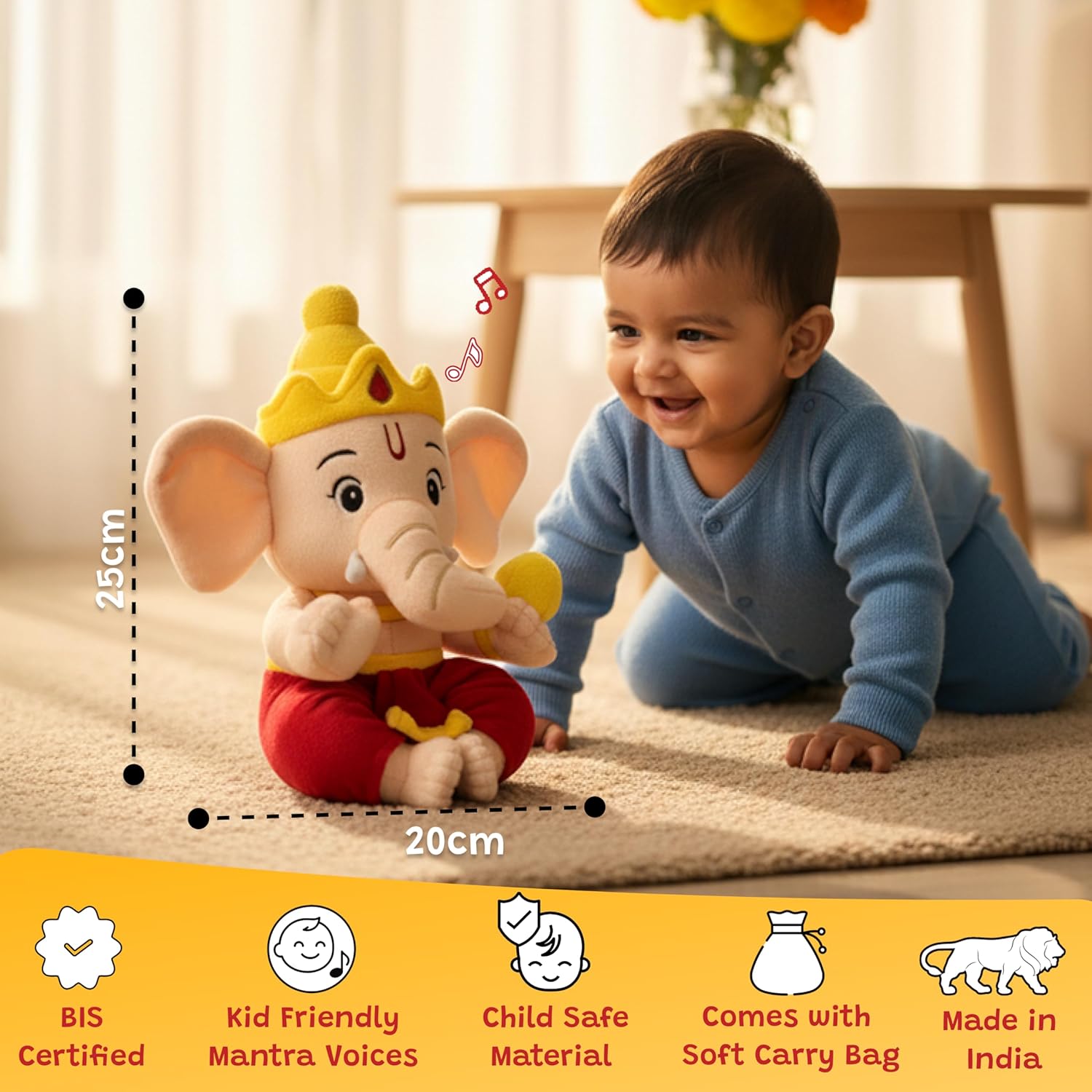 WonderBuddy Divine Mantra Chanting Baby Ganesha with 10 Preloaded Mantras & Aartis, Musical Soft Plush Toy, Best Gift for Infants, Toddlers & Kids (Medium - 25 Cm) - View 6 of 8
