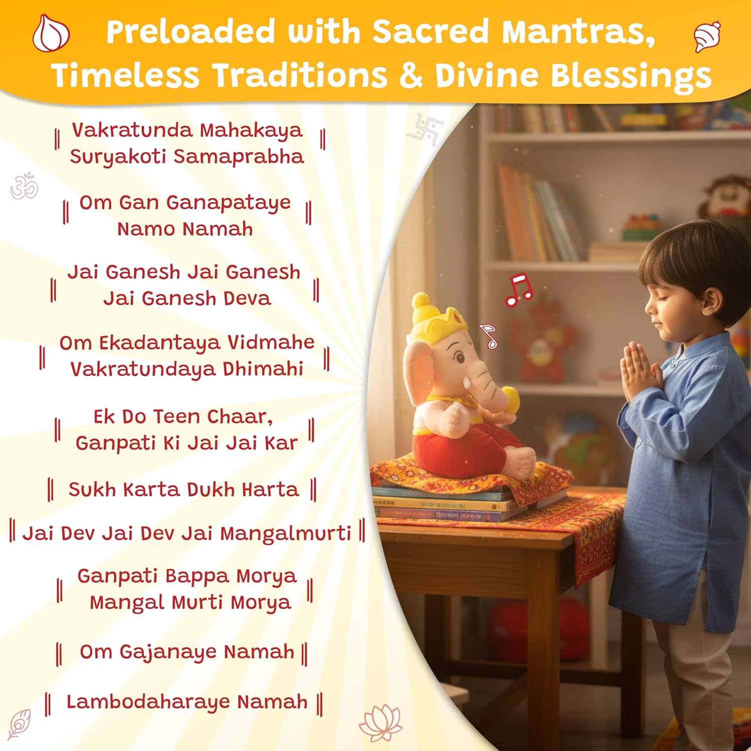 WonderBuddy Divine Mantra Chanting Baby Ganesha with 10 Preloaded Mantras & Aartis, Musical Soft Plush Toy, Best Gift for Infants, Toddlers & Kids (Medium - 25 Cm) - View 7 of 8