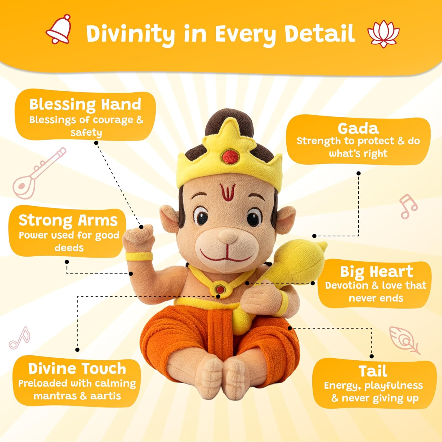 WonderBuddy Divine Mantra Chanting Baby Hanuman with 8 Preloaded Mantras & Aartis, Musical Soft Plush Toy, Best Return Gift for Infants, Toddlers & Kids (Medium - 25 Cm) - View 2 of 8