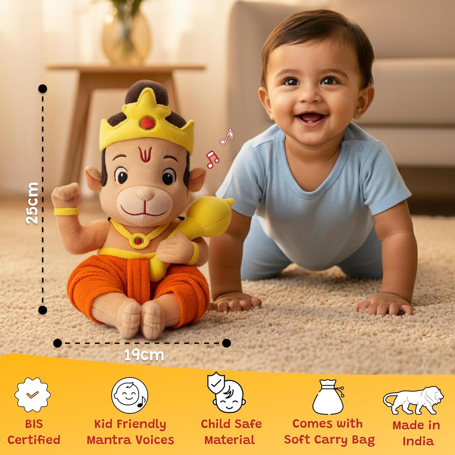 WonderBuddy Divine Mantra Chanting Baby Hanuman with 8 Preloaded Mantras & Aartis, Musical Soft Plush Toy, Best Return Gift for Infants, Toddlers & Kids (Medium - 25 Cm) - View 6 of 8