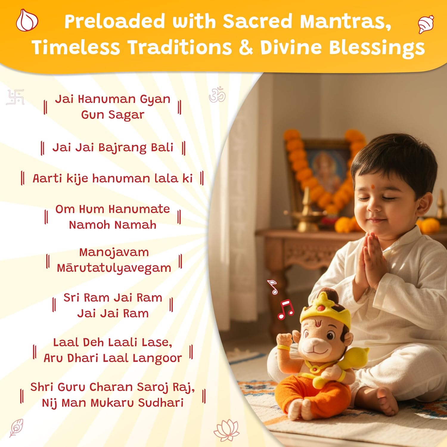 WonderBuddy Divine Mantra Chanting Baby Hanuman with 8 Preloaded Mantras & Aartis, Musical Soft Plush Toy, Best Return Gift for Infants, Toddlers & Kids (Medium - 25 Cm) - View 7 of 8