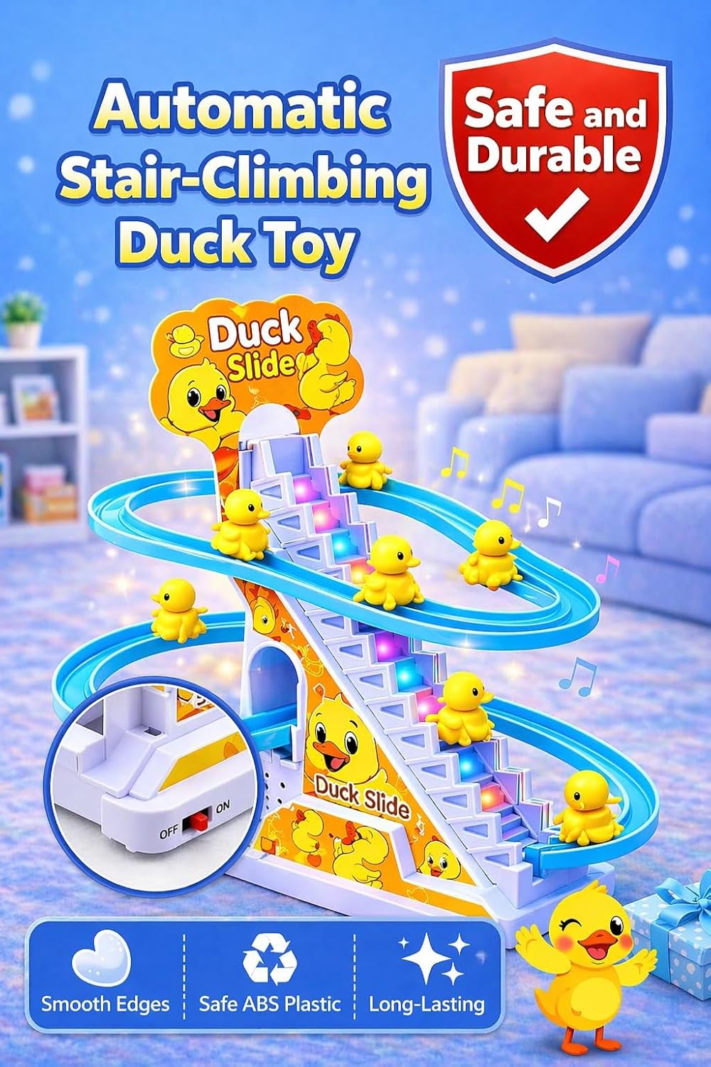 TEC TAVAKKAL Duck Slide Toy Set, Funny Automatic Stair-Climbing Ducklings Cartoon Race Track Set Duck Roller Coaster Escalator Toy with Flashing Lights & Music (Duck Slide Track Set) - View 2 of 7