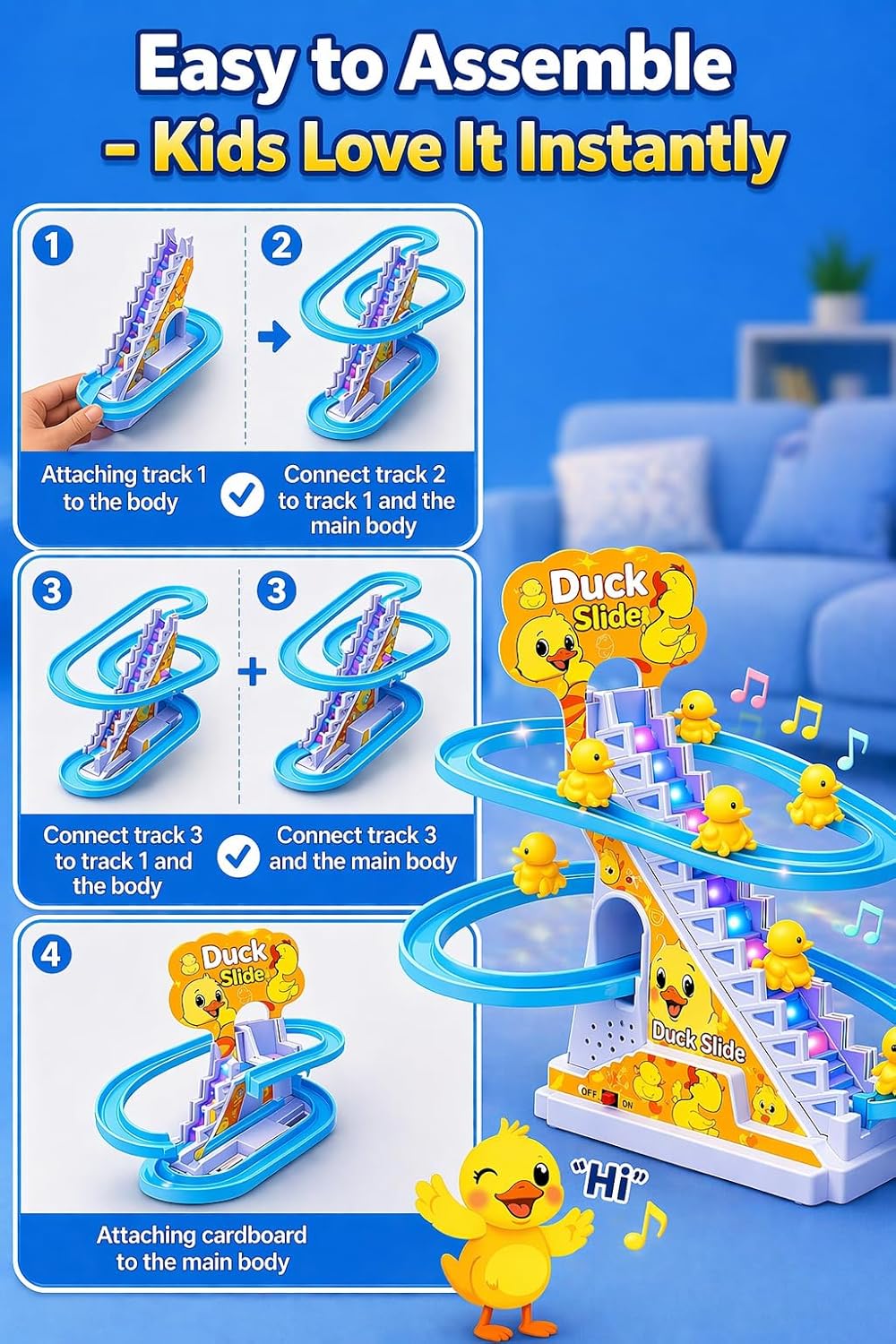TEC TAVAKKAL Duck Slide Toy Set, Funny Automatic Stair-Climbing Ducklings Cartoon Race Track Set Duck Roller Coaster Escalator Toy with Flashing Lights & Music (Duck Slide Track Set) - View 3 of 7