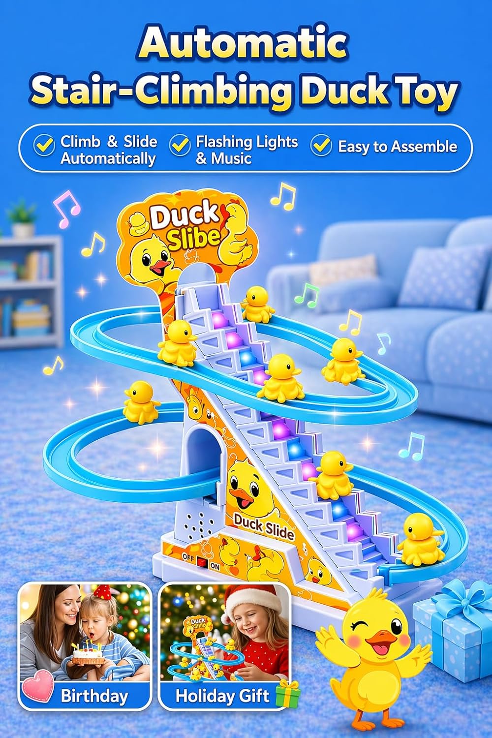 TEC TAVAKKAL Duck Slide Toy Set, Funny Automatic Stair-Climbing Ducklings Cartoon Race Track Set Duck Roller Coaster Escalator Toy with Flashing Lights & Music (Duck Slide Track Set) - View 4 of 7