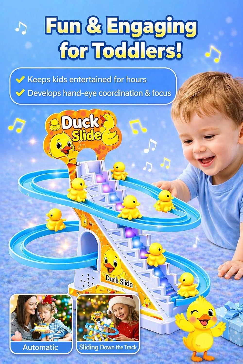 TEC TAVAKKAL Duck Slide Toy Set, Funny Automatic Stair-Climbing Ducklings Cartoon Race Track Set Duck Roller Coaster Escalator Toy with Flashing Lights & Music (Duck Slide Track Set) - View 6 of 7