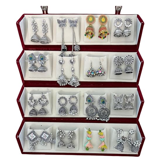 Oxidised Silver Look Jhumka Earrings Box for Women | 16 Pairs Traditional Ethnic Jhumki Combo Gift Hamper with Velvet Box | Festive Wedding Jewellery | Gift For Women - Related product