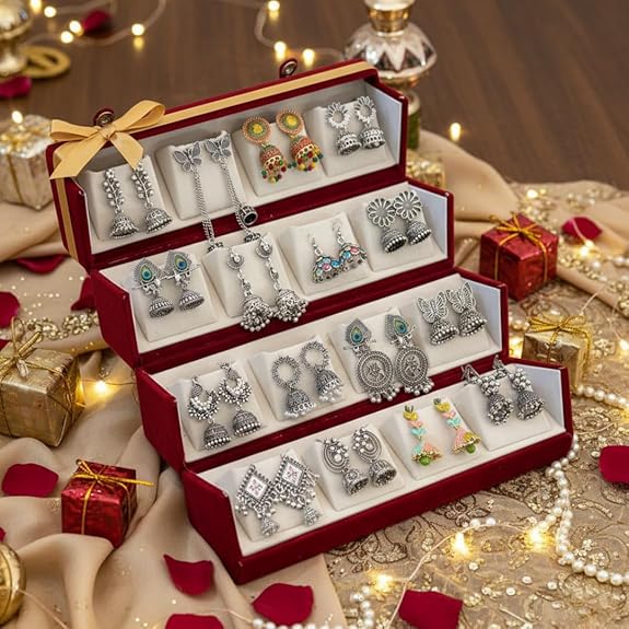 Oxidised Silver Look Jhumka Earrings Box for Women | 16 Pairs Traditional Ethnic Jhumki Combo Gift Hamper with Velvet Box | Festive Wedding Jewellery | Gift For Women - View 4 of 5