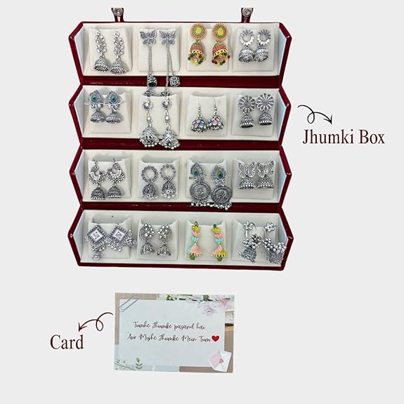 Oxidised Silver Look Jhumka Earrings Box for Women | 16 Pairs Traditional Ethnic Jhumki Combo Gift Hamper with Velvet Box | Festive Wedding Jewellery | Gift For Women - View 5 of 5