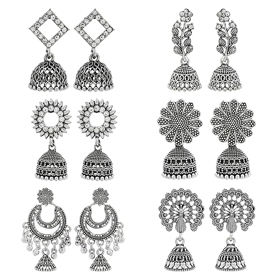 DEW MAT Traditional Oxidised Silver Jhumka Earrings for women | girls fashion jhumka meenakari oxidised kundans flower Temple South Indian Traditional Ear rings Set stylish Big Jhumki Combo pack of 6. - Related product