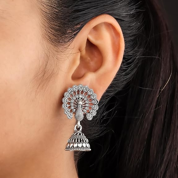 DEW MAT Traditional Oxidised Silver Jhumka Earrings for women | girls fashion jhumka meenakari oxidised kundans flower Temple South Indian Traditional Ear rings Set stylish Big Jhumki Combo pack of 6. - View 2 of 6