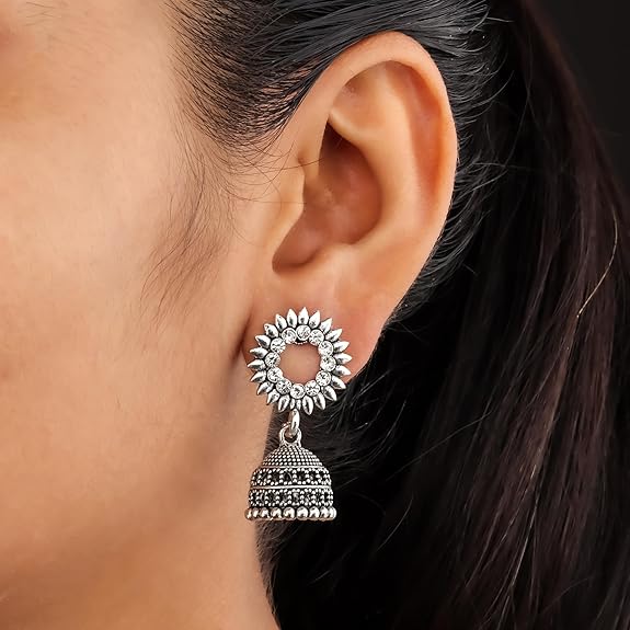 DEW MAT Traditional Oxidised Silver Jhumka Earrings for women | girls fashion jhumka meenakari oxidised kundans flower Temple South Indian Traditional Ear rings Set stylish Big Jhumki Combo pack of 6. - View 3 of 6