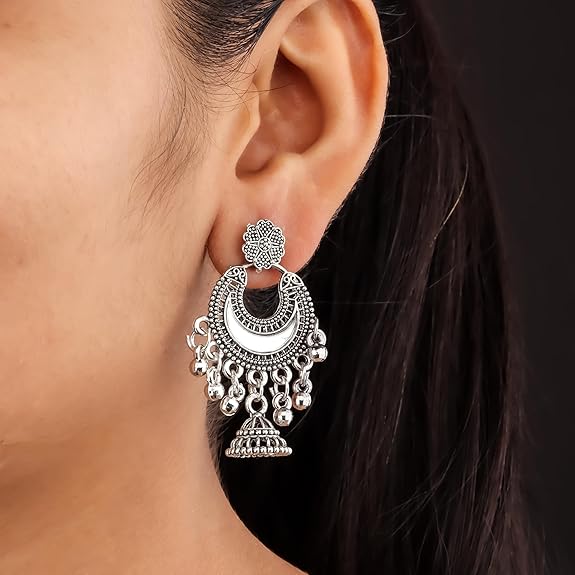 DEW MAT Traditional Oxidised Silver Jhumka Earrings for women | girls fashion jhumka meenakari oxidised kundans flower Temple South Indian Traditional Ear rings Set stylish Big Jhumki Combo pack of 6. - View 4 of 6