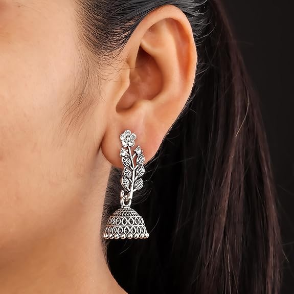 DEW MAT Traditional Oxidised Silver Jhumka Earrings for women | girls fashion jhumka meenakari oxidised kundans flower Temple South Indian Traditional Ear rings Set stylish Big Jhumki Combo pack of 6. - View 5 of 6