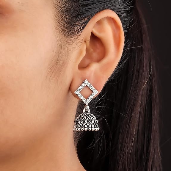 DEW MAT Traditional Oxidised Silver Jhumka Earrings for women | girls fashion jhumka meenakari oxidised kundans flower Temple South Indian Traditional Ear rings Set stylish Big Jhumki Combo pack of 6. - View 6 of 6