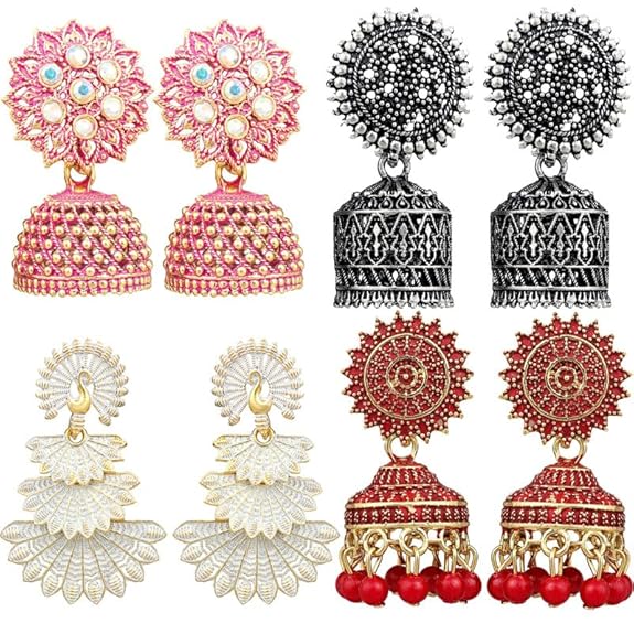 Fashion Frill Multicolor Oxidised Earrings Jhumka Set For Women Girls Stylish Traditional Pearl Small Jhumki Earings Pair Combo Of 4 - Related product