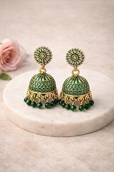 Premium Multicolor Traditional Floral Jhumka Earrings Set | Trendy Oxidised & Enamel Coated Jhumki Combo for Women & Girls | Wedding, Jewellery Collection (Pack of 12 Pairs) - View 3 of 3