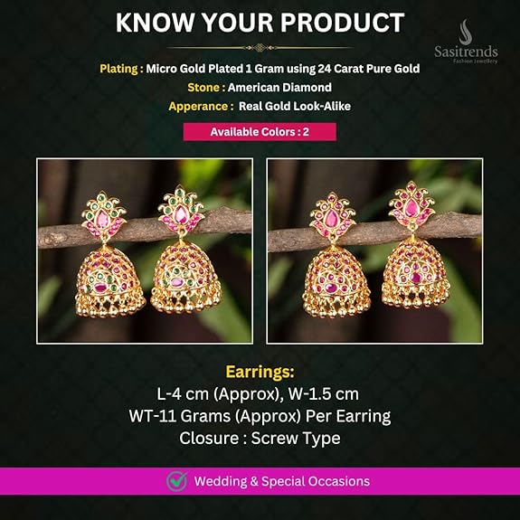 Sasitrends 1 Gram Micro Gold Plated Traditional Jhumki/Jhumka Earrings for Women & Girls - View 3 of 3