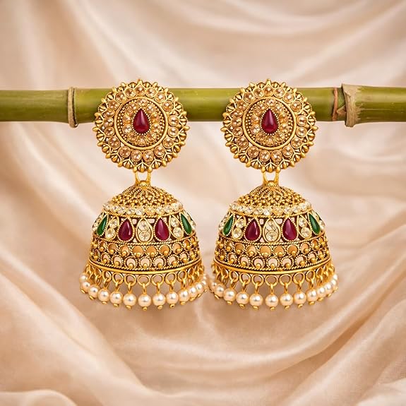 Gold Plated Kundan Pearl Jhumka Earrings for Women,Traditional Indian Bridal Ethnic Earrings for Wedding, Festive & Party, Pack of 1 - View 2 of 4