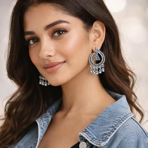 16 Pair Oxidised Silver Earring Jhuma Box Combo Set – Traditional Jhumka Earrings, Chandbali & Stud Collection for Women, Silver Trendy 16 Pair Earrings Jhumka Earrings Wirh Black Velvet Box - View 3 of 6
